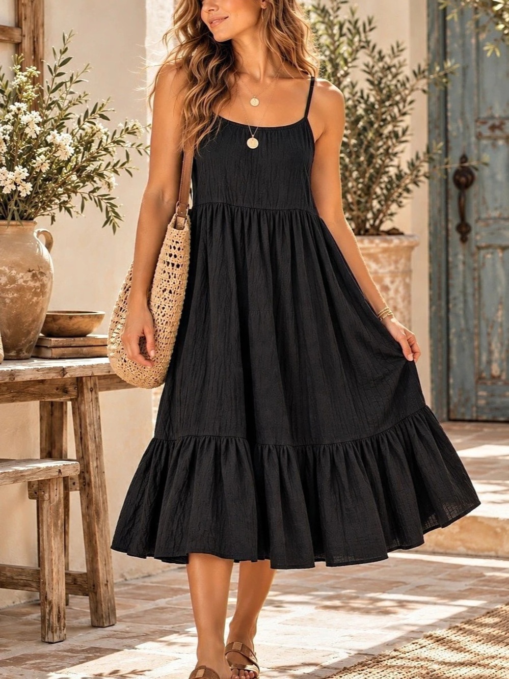 Minimum Sille Black Gauze Tiered Midi Dress Scandinavian Boho Minimalist